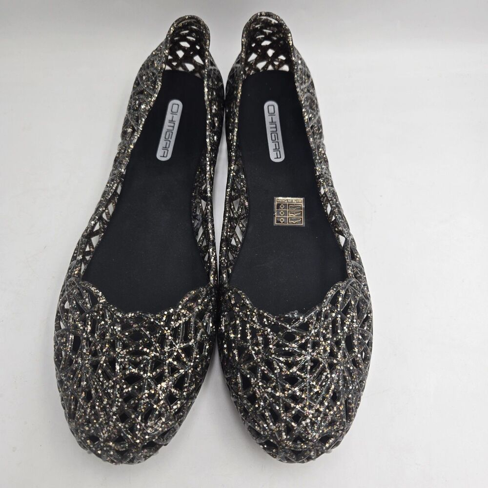OHMGAA Jelly Ballet Flats Black Glitter Slip On Women's Fits US 9/9.5 Sparkle